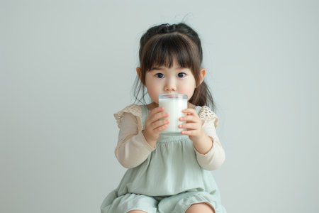 Cute little Asian girl drinking milk on a light background.の素材