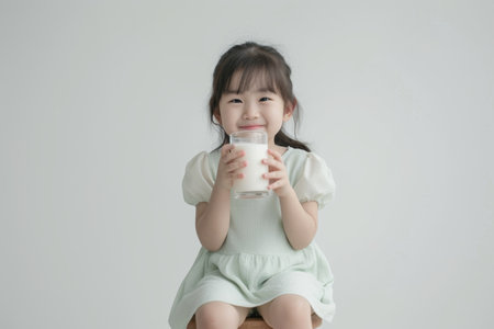 Cute little Asian girl drinking milk on a light background.の素材