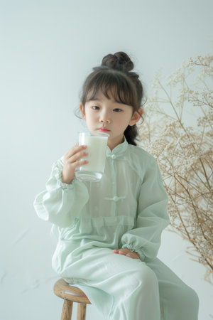 Cute little Asian girl drinking milk on a light background.の素材