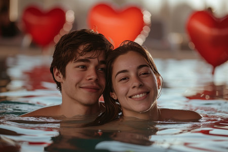 A couple in love is relaxing in a pool against a background of red balls in the form of hearts. Valentine's day.の素材