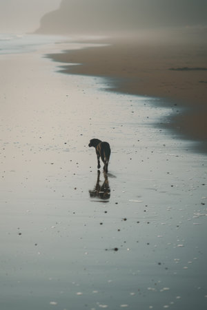 A happy dog is playing and running outdoors on the beach and enjoying nature.の素材