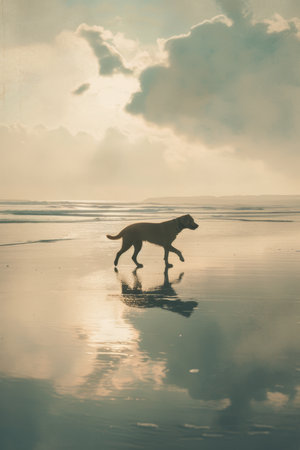 A happy dog is playing and running outdoors on the beach and enjoying nature.の素材