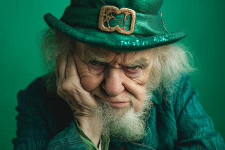 Portrait of a serious Elderly man in a leprechaun hat with a beard, Celebrating St. Patrick's Day.の素材