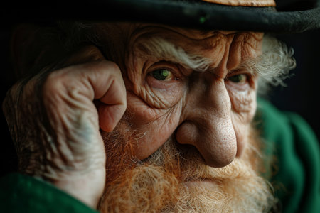 Portrait of a serious Elderly man in a leprechaun hat with a beard, Celebrating St. Patrick's Day.の素材
