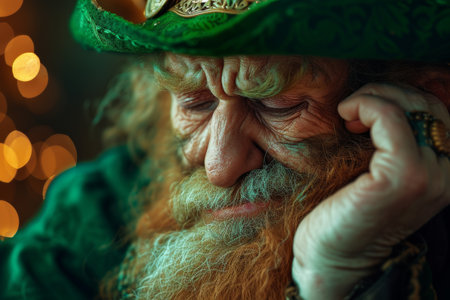 Portrait of a serious Elderly man in a leprechaun hat with a beard, Celebrating St. Patrick's Day.の素材