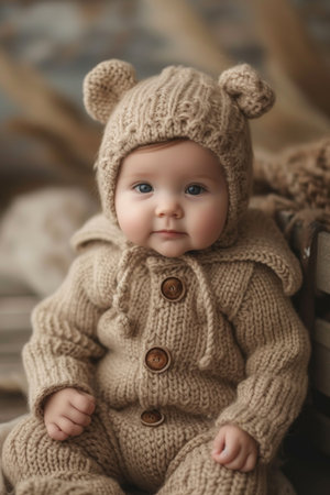 Cute little boy in handmade knitted clothes posing for the camera.の素材