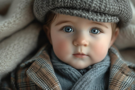 Cute little boy in handmade knitted clothes posing for the camera.の素材