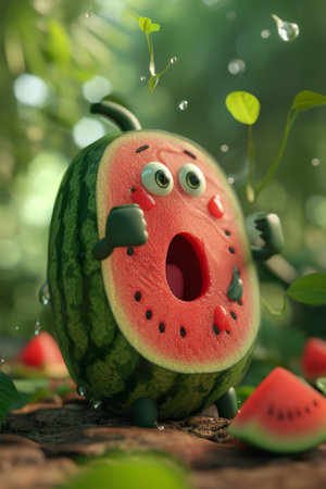 A cartoon surprised watermelon. 3d illustration.の素材