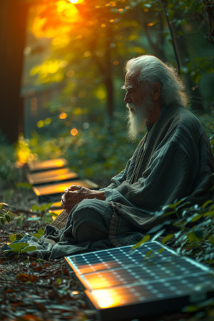Portrait of an elderly man in the garden of a house covered with solar panels.の素材