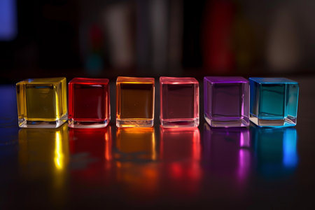 Glass multi-colored cubes arranged in a line on a black background.の素材