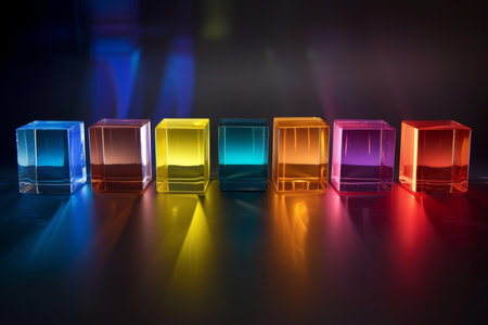 Glass multi-colored cubes arranged in a line on a black background.の素材