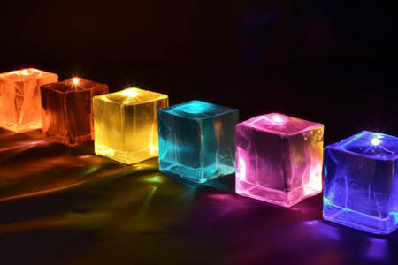 Glass multi-colored cubes arranged in a line on a black background.の素材