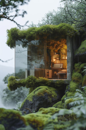 A fabulous wooden house with a roof in moss stands in the forest. 3d illustration.の素材