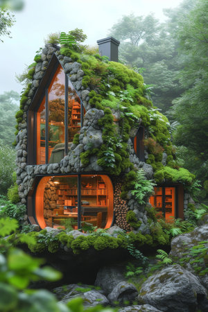 A fabulous wooden house with a roof in moss stands in the forest. 3d illustration.の素材