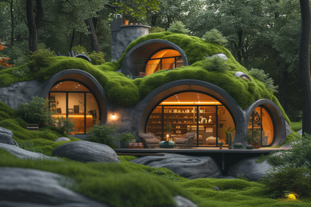 A fabulous wooden house with a roof in moss stands in the forest. 3d illustration.の素材