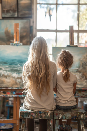 A woman and her daughter are painting on an easel in their art studio.の素材