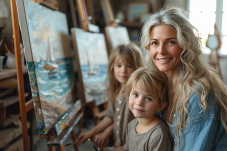 The family draws on an easel in their art studio.の素材