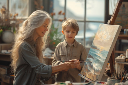 A woman and a boy are painting on an easel in their art studio.の素材