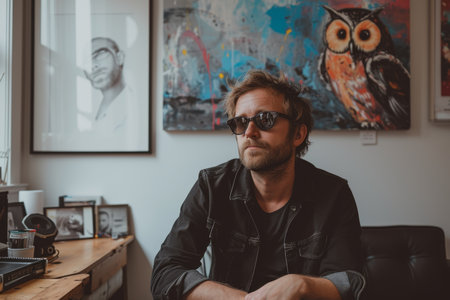 portrait of a man with glasses and a portrait of an owl in the background.の素材