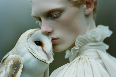 A young man with his eyes closed next to an owl.の素材