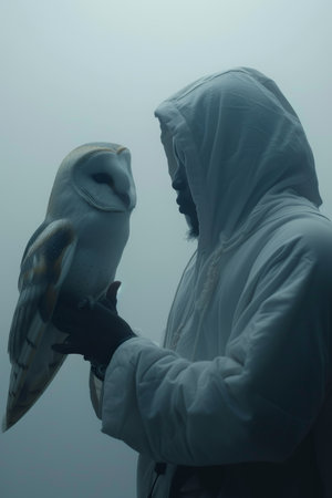 A magical portrait of a man and an owl in twilight and fog.の素材