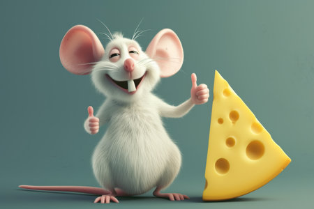 A cartoon mouse holds a slice of cheese on a blue background. 3d illustration.の素材