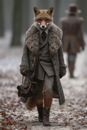 A stylish Fox in a fashionable coat at a fashion show.の素材