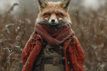 A stylish Fox in a fashionable coat at a fashion show.の素材