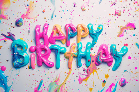 The festive colored inscription "Happy Birthday" is perfect for a greeting card. 3d illustration.の素材