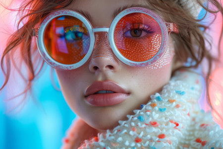 Close-up of a woman's face in fashionable pink large sunglasses.の素材
