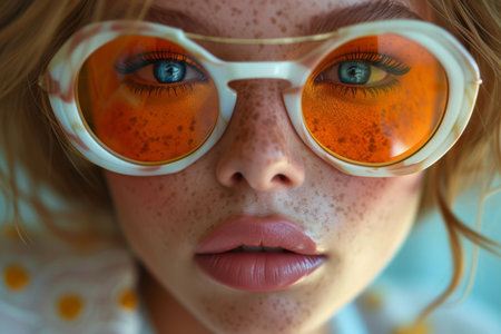 Close-up of a woman's face in trendy orange large sunglasses.の素材