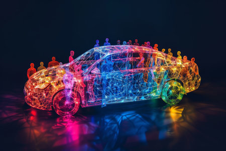 A multicolored passenger car made up of many people on a black background. The concept of the relationship between a car and a person. 3d illustration.の素材