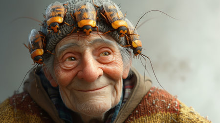 An elderly man with cockroaches on his head on a gray background. 3d illustration.の素材