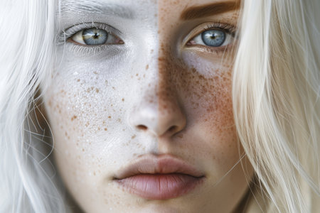 Close-up of a young girl with gray hair and makeup.の素材
