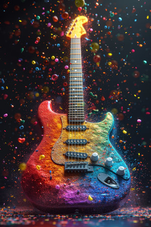 Electric guitar on a festive black background with flying confetti.の素材