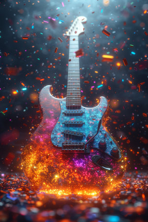 Electric guitar in flames on a festive black background.の素材
