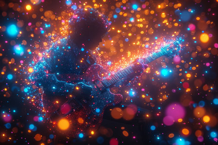 A musician plays an electric guitar on stage in festive confetti.の素材