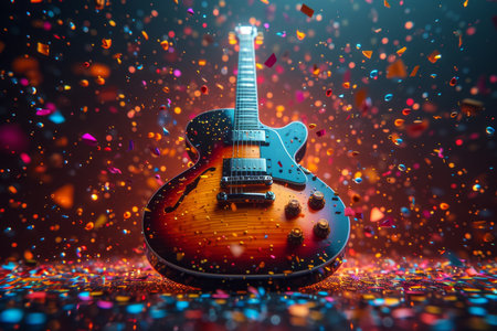 Electric guitar on a festive black background with flying confetti.の素材