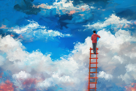 a businessman standing on a ladder in the sky. Illustration.の素材