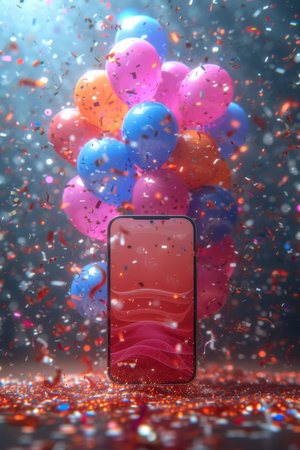 Smartphone on the background of festive balloons and confetti . The concept of shopping and holidays.の素材