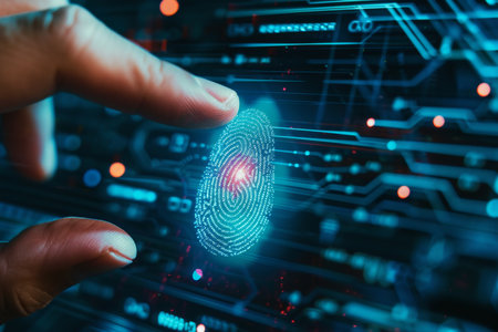 Human fingerprint scanning and biometric authentication. Future technologies and cybernetics.の素材