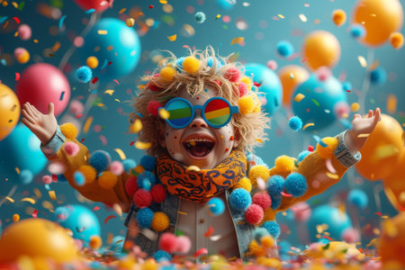 A happy cheerful boy enjoys bright colorful balloons. 3d illustration.の素材
