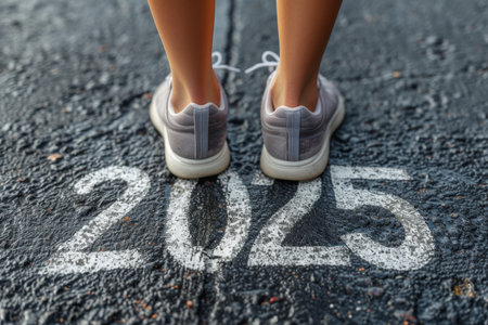 Women's feet in sneakers stand on the asphalt with the inscription 2025 . The athlete is at the start line.の素材