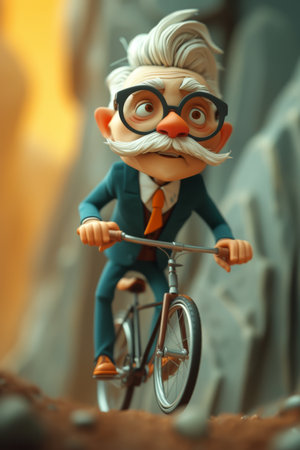 A cartoon character in a formal suit riding a bicycle down the street . 3d illustration.の素材