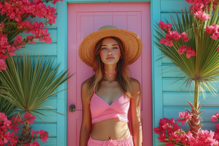 a girl in a pink swimsuit at the entrance to a house with tropical flowers.の素材