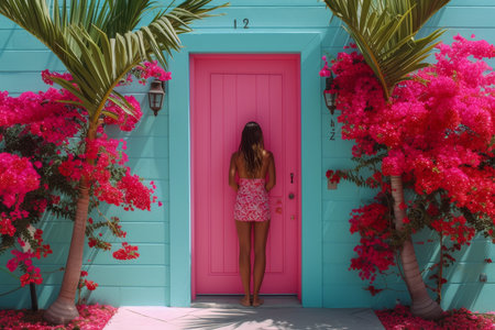 a girl in a pink dress near the entrance to a house with tropical vegetation.の素材
