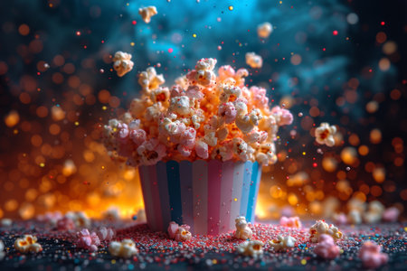 Festive explosive popcorn in a glass on a black background.の素材