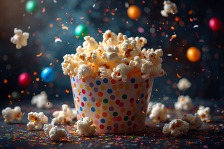 Festive explosive popcorn in a glass on a black background.の素材