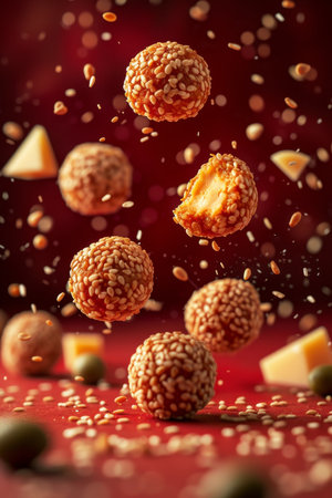 Lots of delicious sesame balls in flight on a red background.の素材