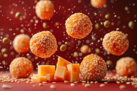 Lots of delicious sesame balls with cheese in flight on a red background.の素材
